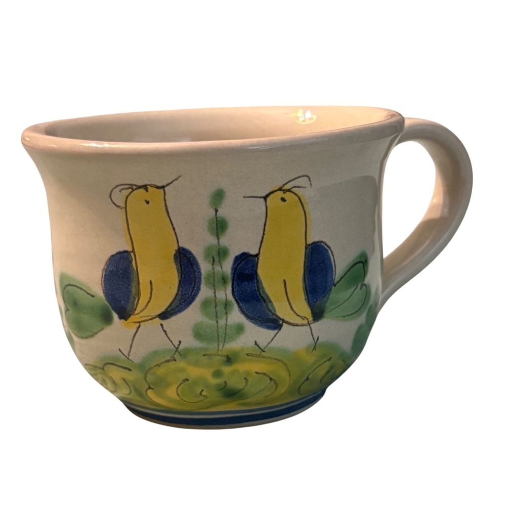 Hand Painted Ceramic Bird Mug Whimsical Folk Art Pottery Cream Blue Yellow